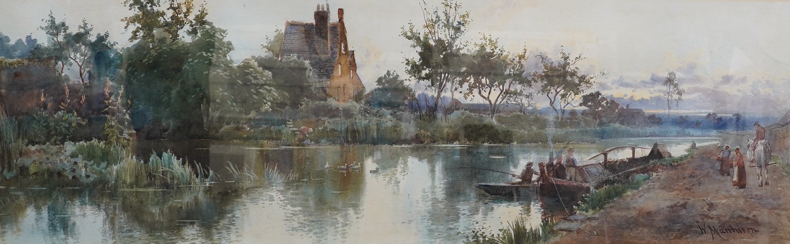 William Matthison (1865-1922), watercolour, Riverscape with boats, signed, details verso, 24 x 74cm. Condition - fair